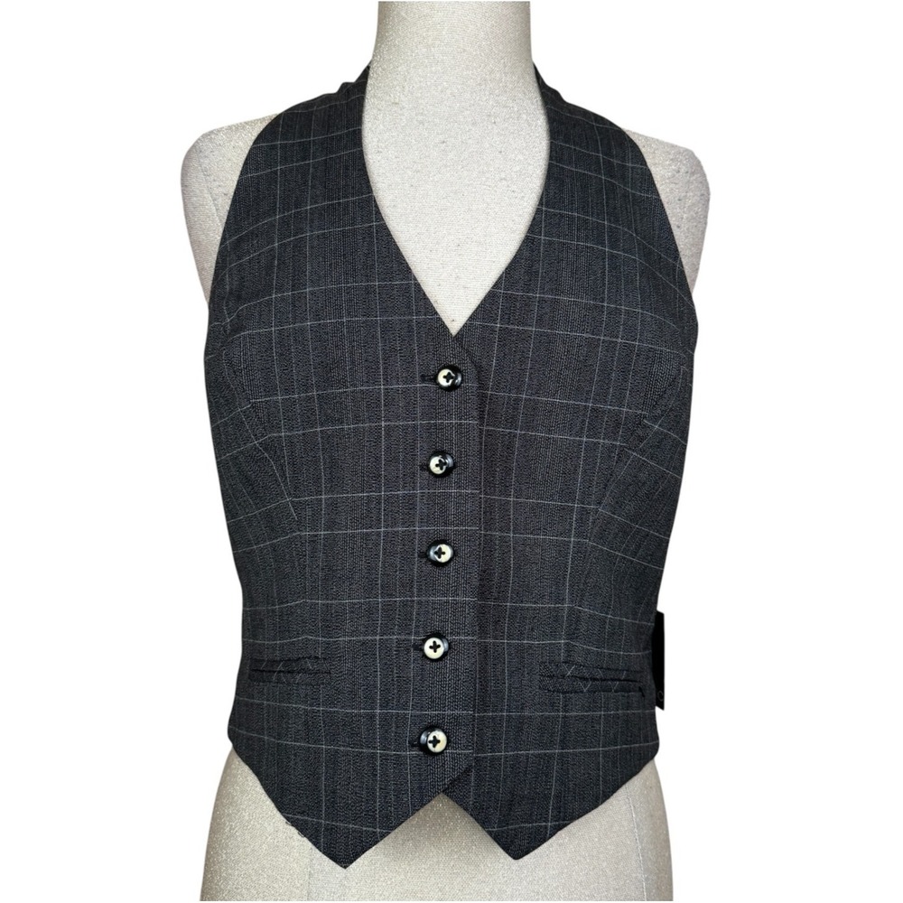 Y2K‎ Zinc Suit Vest Top Womens XL Gray Plaid Halter Tailored Lined Stretch NEW